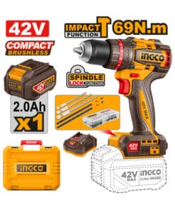Taladro Atornillador Con Percutor a Batería Inalámbrico 42V Motor Brushless 69Nm + Batería 42V 2.0Ah Amper + Cargador + Maletín + Accesorios Ingco Naranja/Amarillo CIDLI426981-4