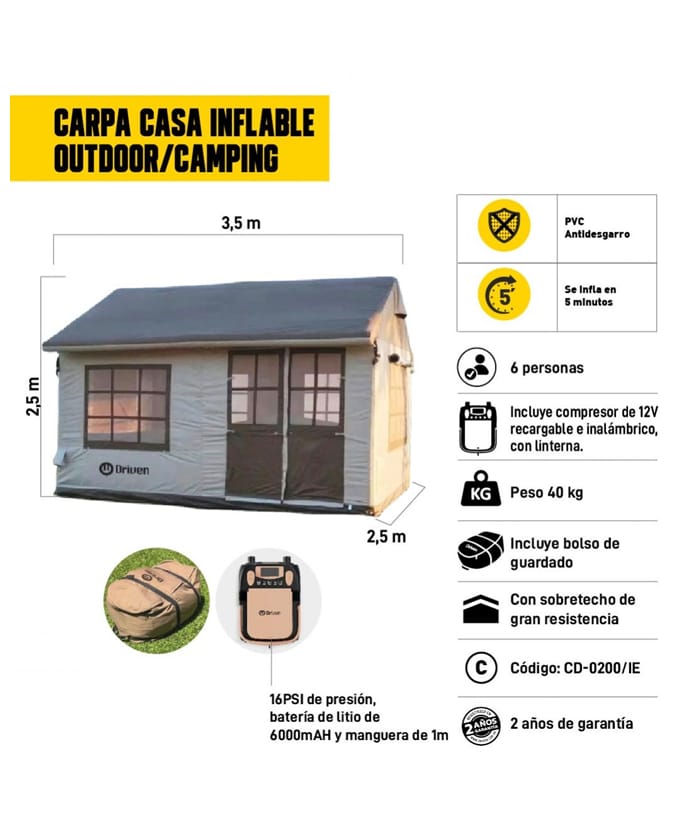 Carpa Casa Inflable Impermeable Para Camping Aire Libre Driven CD-0200/IE - Imagen 2