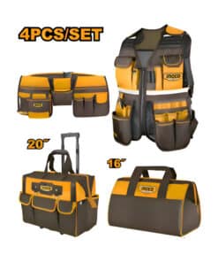 Combo 4 en 1 Cinturón de 10 Bolsillos HTBP020328 + Bolso Super Select 16″ Con 14 Bolsillos HTBG281628 + Chaleco Porta Herramientas Multiuso HTVT09028 + Bolso Porta Herramientas Reforzada 20″ Con Ruedas Hasta 20kg HRRTB2015 Ingco Naranja/Amarillo COS230910