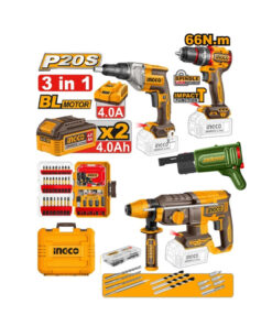 Combo 3 en 1 Durlero Taladro Atornillador Percutor 66Nm + Atornillador con tope + Rotomartillo SDS Plus 26mm A Batería Inalámbrico Motor Brushless Sin Carbones 20V Drywall Durlock + Adaptador JDCDS2088 Construcción en Seco Ingco COSLI250591-4