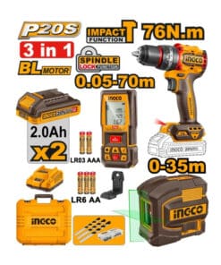 Combo Set Kit 3 en 1 Taladro Atornillador Percutor 76Nm A Batería Inalámbrico Motor Brushless + Nivel Láser 35 metros + Medidor Láser 70 metros Ingco Naranja/Amarillo COSLI250511-4 Instalador