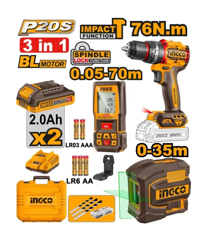 Combo Set Kit 3 en 1 Taladro Atornillador Percutor 76Nm A Batería Inalámbrico Motor Brushless + Nivel Láser 35 metros + Medidor Láser 70 metros Ingco Naranja/Amarillo COSLI250511-4 Instalador