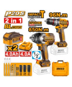 Combo 2 en 1 Potente Taladro Atornillador Percutor 96Nm + Llave de Impacto 1/2" 850Nm A Batería Inalámbrico Motor Brushless Sin Carbones 20V Ingco Naranja/Amarillo