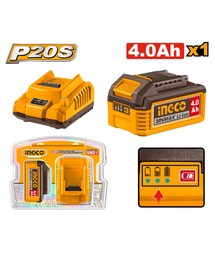 Juego Set Kit Batería 4.0ah Amper + Cargador Rápido 20V Ingco Total Emtop Wadfow FBCPK1012-4