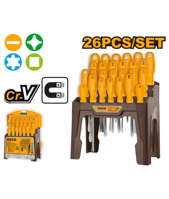 Juego Set Kit Destornilladores x 26pzs Ingco Naranja/Amarillo HKSD2658