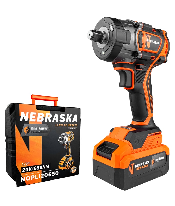 Llave de Impacto a Batería Inalámbrica 1/2" 20V 650Nm Motor Brushless One Power + 1 Batería 4.0Ah Amper + Cargador + Maletín Nebraska NOPLI20650
