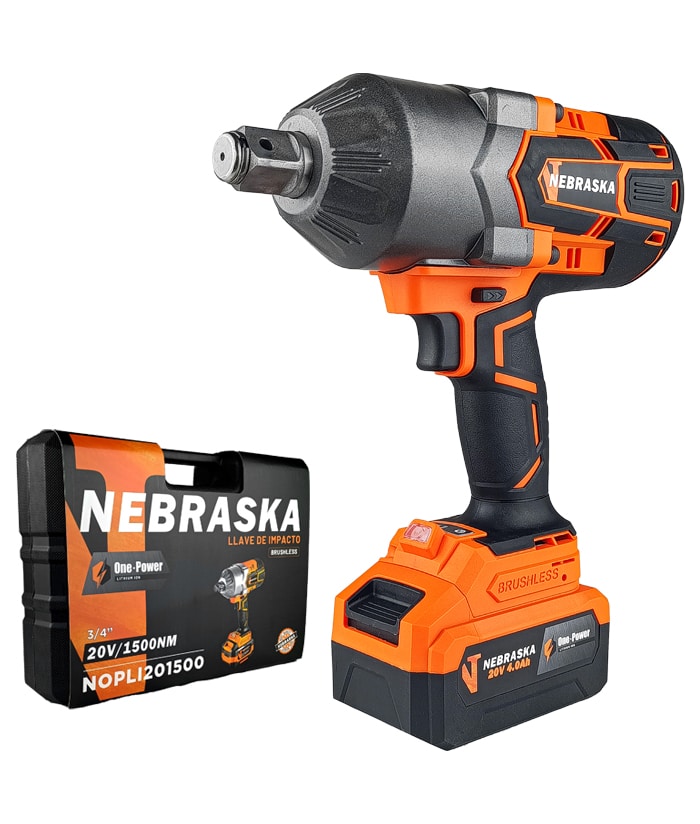 Llave de Impacto a Batería Inalámbrica 3/4" 20V 1500Nm Motor Brushless One Power + 1 Batería 4.0Ah Amper + Cargador + Maletín Nebraska NOPLI201500