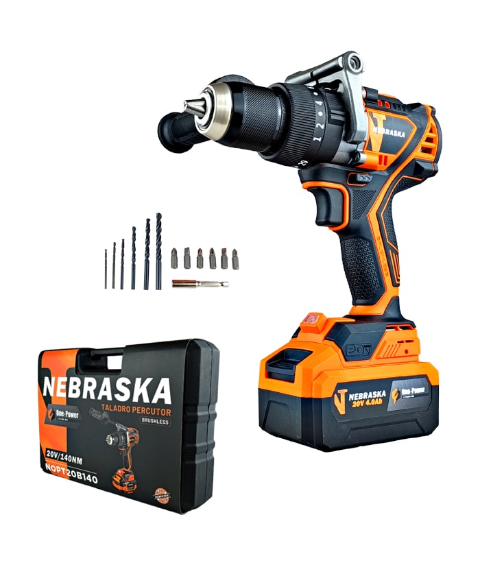 Taladro Percutor a Batería Inalámbrico 13mm 20V 140Nm Motor Brushless One Power + Batería 4.0Ah Amper + Cargador + Maletín Nebraska Naranja/Negro NOPT20B140