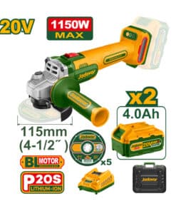 Amoladora Angular a Batería Inalámbrica 115mm 20V 1150W Motor Sin Carbones Brushless + 2 Baterías 4.0Ah Amper + Cargador + Discos + Maletín Plástico Jadever Amarillo/Verde JDLAPB522-4