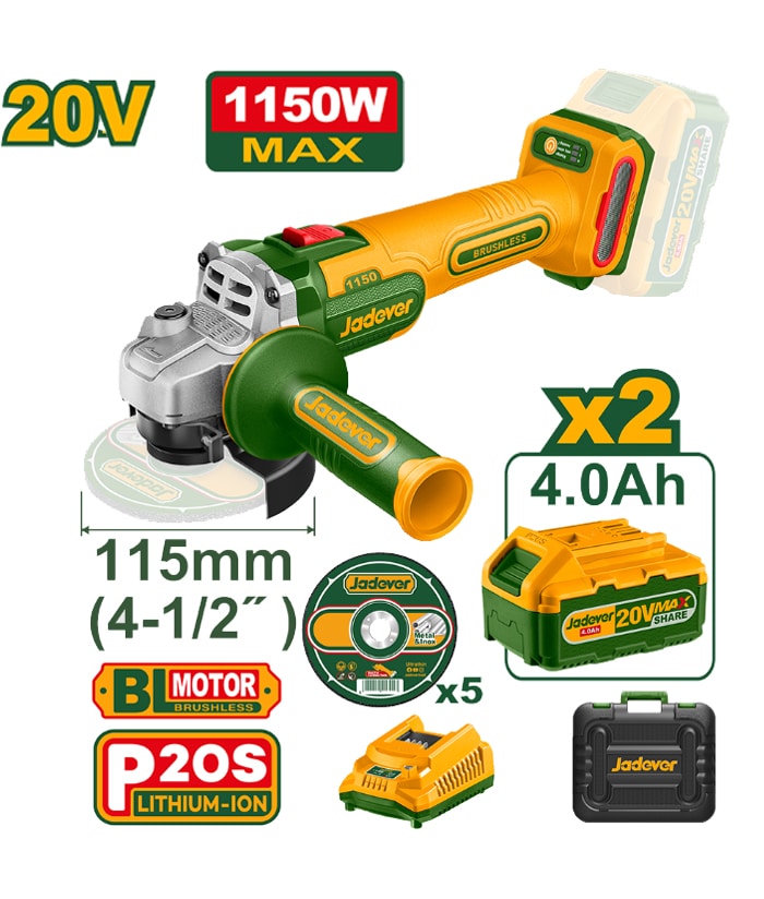 Amoladora Angular a Batería Inalámbrica 115mm 20V 1150W Motor Sin Carbones Brushless + 2 Baterías 4.0Ah Amper + Cargador + Discos + Maletín Plástico Jadever Amarillo/Verde JDLAPB522-4