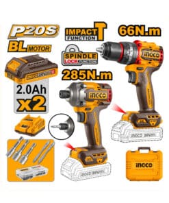 Combo 2 en 1 Atornillador de Impacto a Batería Inalámbrico 20V 285Nm Motor Brushless + Taladro Percutor a Batería Inalámbrico 20V 66Nm Motor Brushless + 2 Baterías 2.0ah Amper + Cargador + Maletín Ingco Naranja/Negro CKLI20277-4