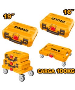 Combo Caja Maletín Valija Plástica Apilable Encastrable Porta Herramientas 19″ 480 x 320mm + Caja Maletín Valija Plástica Apilable Porta Herramientas 16″ 410 x 320mm + Base Plataforma de Carga Rodante Encastrable Apilable 537 x 360mm 100kg Ingco