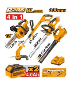 Combo Jardín 4 en 1 Motosierra Electrosierra a Batería Inalámbrica 12" 20V + Cortacerco a Batería Inalámbrico 18″ 450mm 20V + Soplador Sopladora a Batería Inalámbrica 20V 18500rpm + Bordeadora a Batería Inalámbrica 20V 300mm Ingco Naranja/Amarillo COSLI250496