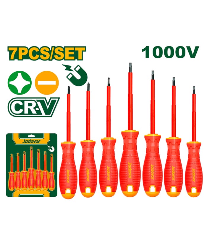 Juego Set Kit Destornilladores Dieléctricos Aislados 1000V x 7pzs Jadever Amarillo/Verde JDSS7407