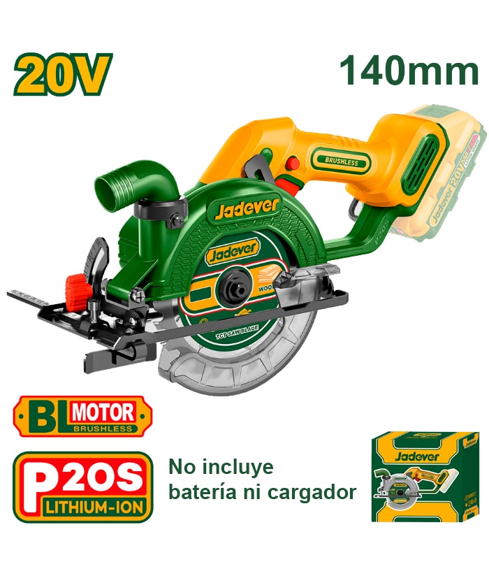 Mini Sierra Circular a Batería Inalámbrica 140mm 20V Motor Brushless Jadever Amarillo/Verde JDLWP5630