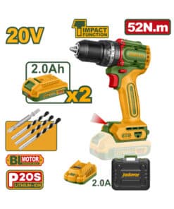 Taladro Atornillador Percutor a Batería Inalámbrico 52Nm 20V 13mm Motor Sin Carbones Brushless + 2 Baterías 2.0Ah Amper + Cargador + Maletín Jadever Amarillo/Verde JDCDP5281-4
