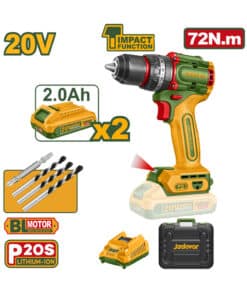 Taladro Atornillador Percutor a Batería Inalámbrico 72Nm 20V 13mm Motor Sin Carbones Brushless + 2 Baterías 2.0Ah Amper + Cargador + Maletín Jadever Amarillo/Verde JDCDP7281-4