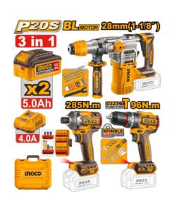 Combo 3 en 1 Motor Brushless Rotomartillo a Batería SDS-Plus 28mm 20V 4.5J + Taladro Atornillador Percutor a Batería 96Nm 13mm 20V + Atornillador de Impacto a Batería 285Nm 20V Ingco Naranja/Amarillo COSLI250693-4 NOVEDAD!