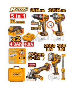 Combo 5 en 1 Motor Brushless Taladro Atornillador Percutor a Batería 66Nm + Atornillador de Impacto a Batería 285Nm + Amoladora Angular a Batería 115mm 1000W + Linterna Reflector Luz LED a Batería 2000lum + Lámpara Linterna Luz LED 360º 300lum Ingco Naranja/Amarillo COSLI250692-4 NOVEDAD!