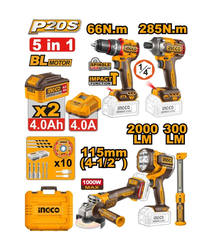 Combo 5 en 1 Motor Brushless Taladro Atornillador Percutor a Batería 66Nm + Atornillador de Impacto a Batería 285Nm + Amoladora Angular a Batería 115mm 1000W + Linterna Reflector Luz LED a Batería 2000lum + Lámpara Linterna Luz LED 360º 300lum Ingco Naranja/Amarillo COSLI250692-4 NOVEDAD!