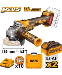 Amoladora Angular a Batería Inalámbrica 115mm 20V 900W Brushless Motor + 2 Baterías 4.0Ah Amper + Cargador + Discos + Maletín Plástico Ingco Naranja/Amarillo CAGLI211542-4