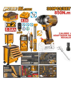 Mesa Carro Rodante Gabinete Organizador Metálico Rodante 7 Cajones Con Ruedas Para Taller Mecánico + Llave de Impacto a Batería Inalámbrica 20V Motor Brushless 850Nm + 369 Herramientas Ingco Naranja/Amarillo HTCS283692-4 NOVEDAD!