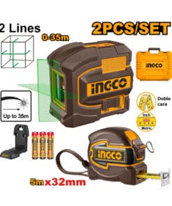 Combo Nivel Láser Autonivelante 35mts 2 Líneas Luz Verde + Cinta Métrica Doble Impresión 5mts x 32mm Con Maletín Plástico Ingco Naranja/Amarillo HLL680081