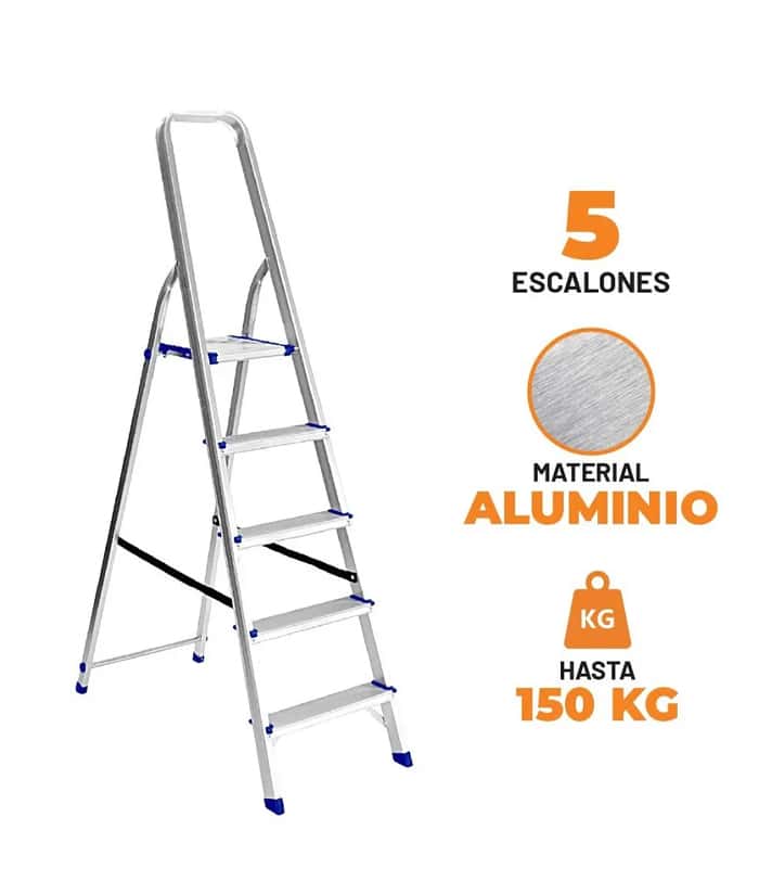 Escalera De Aluminio 5 Escalones Con Plataforma Plegable Nebraska Gris NEEH05