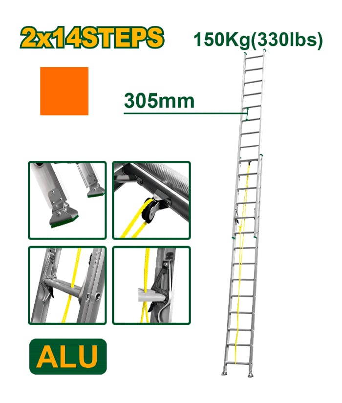 Escalera Extensible 2 Tramos 14 + 14 Escalones 7.6 metros Jadever Aluminio JDLD8H28