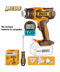 Pistola de Calor a Batería Inalámbrica 20V Display Digital Pantalla LCD Temperatura Ajustable 30-550ºC Industrial Ingco Naranja/Amarillo HGLI2003