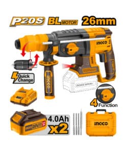 Combo Rotomartillo a Batería Inalámbrica 26mm 4 Funciones 20V SDS-Plus 2.5J Motor Brushless + 2 Baterías 4.0Ah Amper + Cargador + Maletín Plástico Ingco Naranja/Amarillo CRHLI202289-4 NOVEDAD!