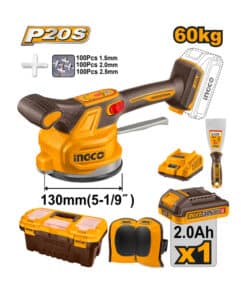 Combo Vibradora Ventosa a Batería Inalámbrica 20V 130mm Para Baldosas Azulejos Cerámico + Batería 2.0ah Amper + Cargador + Rodilleras + Caja de Herramientas Plástica Ingco Naranja/Amarillo CTVLI20015-4 NOVEDAD!