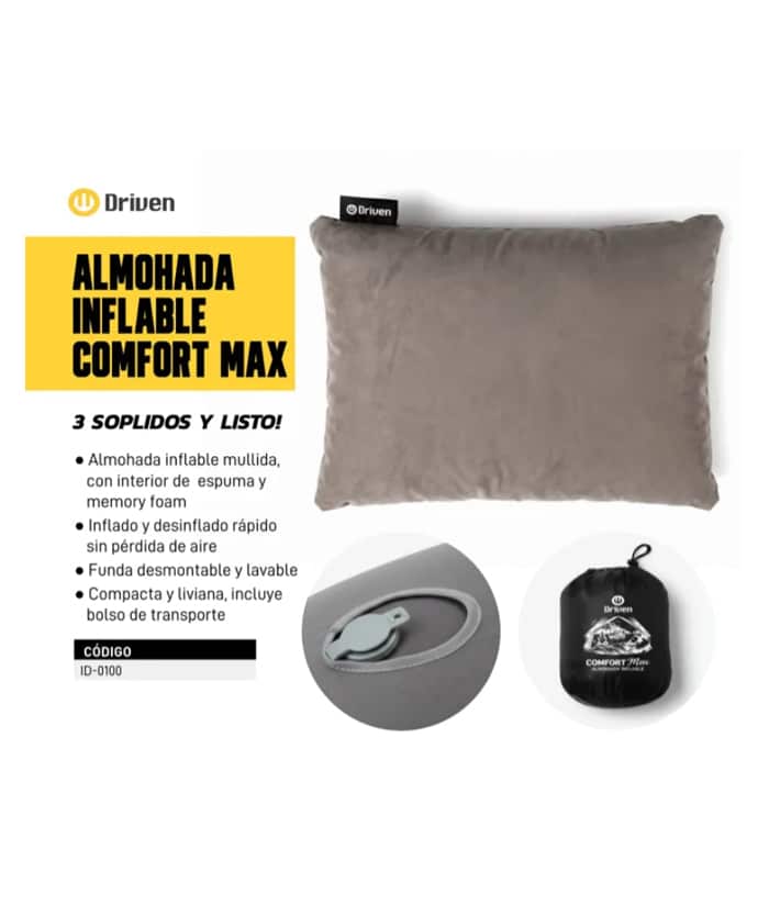 Almohada Inflable Comfort Máximo Color Gris Liso Para Viaje Camping Driven ID-0100 - Imagen 2