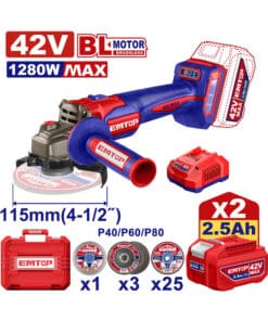 Amoladora Angular a Batería Inalámbrica 115mm 42V 1280W Motor Brushless + 2 Baterías 2.5ah Amper + Cargador + Accesorios + Maletín Plástico Emtop Rojo/Azul ELAG4128112-4