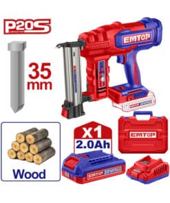 Clavadora a Batería Inalámbrica 15-35mm 20V + Batería 2.0Ah Amper + Cargador + Clavos 35mm + Maletín Plástico Emtop Rojo/Azul ELBNLI2008-4 NOVEDAD!