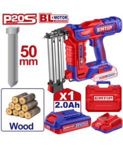 Clavadora a Batería Inalámbrica 15-50mm 20V Motor Brushless + 2 Baterías 2.0Ah Amper + Cargador + Clavos + Maletín Plástico Emtop Rojo/Azul ELBNLI5008-4  NOVEDAD!