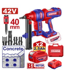 Clavadora a Batería Inalámbrica Para Hormigón 19-40mm 42V Motor Brushless + 2 Baterías 2.5Ah Amper + Cargador + Accesorios + Maletín Plástico Emtop Rojo/Azul ELCNLI420602-4 NOVEDAD!