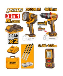 Combo 3 en 1 Taladro Percutor Atornillador a Batería Inalámbrico 66Nm Motor Brushless + Linterna Reflector Luz Led a Batería Inalámbrica 2000 Lúmenes 22.5W + Medidor de Distancia Láser 0.5 - 100mts Ingco + 2 Baterías 2.0Ah Amper + Cargador + Maletín Plástico Ingco Amarillo/Naranja COSLI250885-4