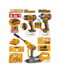 Combo 4 en 1 Llave de Impacto 500Nm + Hidrolavadora + Pistola de Calor + Aspiradora de Mano A Batería Inalámbrico 20V + 2 Baterías 4.0Ah Amper + Cargador Ingco Naranja/Amarillo COSLI250208-4