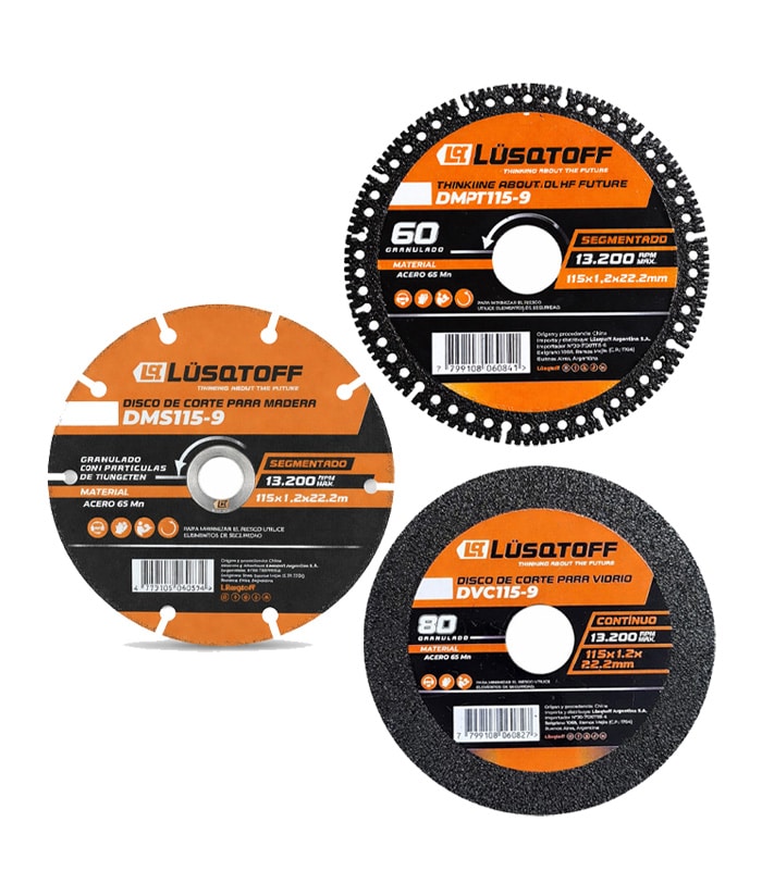 Combo Set Juego Kit de 3 Discos Multimaterial Madera Vidrio Corte 115mm Lusqtoff