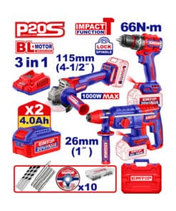 Combo Constructor 3 en 1 Taladro Atornillador Percutor a Batería Inalámbrico 66Nm + Amoladora Angular a Batería Inalámbrica 115mm 1000W + Rotomartillo a Batería Inalámbrico SDS Plus 26mm + 2 Baterías 4.0Ah Amper + Cargador + Maletín + Accesorios Emtop Rojo/Azul ELOSLI241198-4 NOVEDAD!