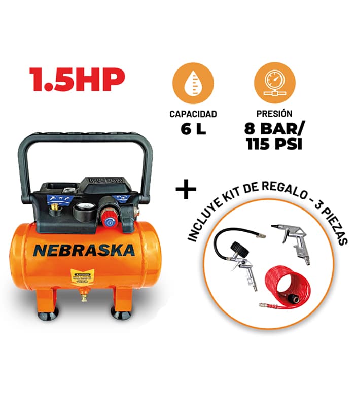 Compresor de Aire 1.5hp 6lts + Kit Accesorios Nebraska NECO1506 - Imagen 2