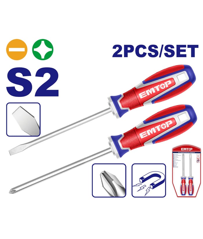 Juego Set Kit Destornilladores Imantados Planos y Phillips x 2 Emtop ESST0221
