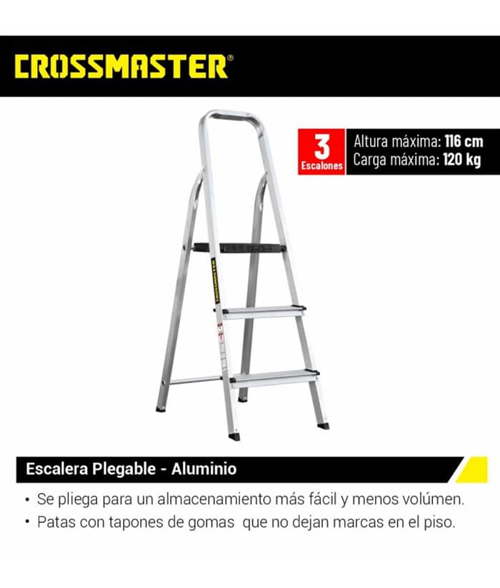 Escalera De Aluminio Plegable 3 Escalones 1.16 Metros 120 KG Metálica Crossmaster 9931156 - Imagen 2