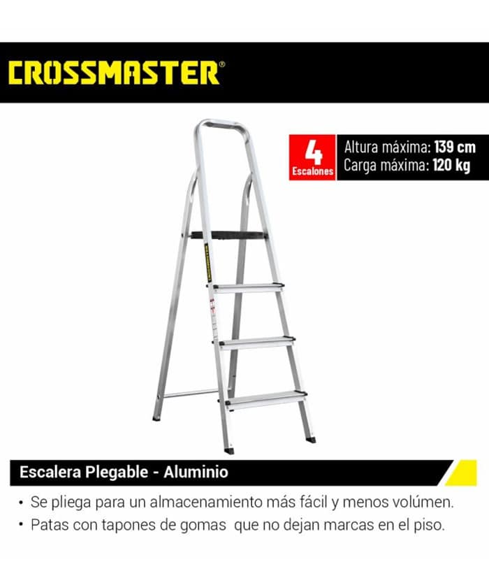 Escalera De Aluminio Plegable 4 Escalones 1.39 Metros 120 KG Metálica Crossmaster 9931157 - Imagen 2