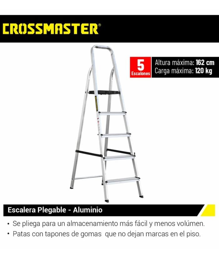 Escalera De Aluminio Plegable 5 Escalones 1.62 Metros 120 KG Metálica Crossmaster 9931158 - Imagen 2