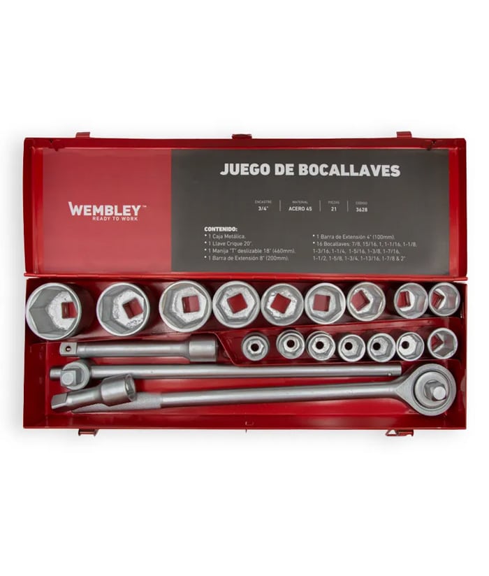 Juego Set Kit Caja de Tubos Bocallaves 3/4" en Pulgada SAE 21 Piezas Wembley 3628