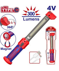 Lámpara Luz Led Linterna de Trabajo Taller Inalámbrica Recargable USB 4V 300 Lúmenes Emtop Rojo/Azul ELFL043006 NOVEDAD!