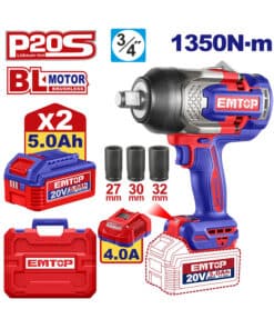 Llave Pistola de Impacto a Batería Inalámbrica 3/4″ 1350Nm Motor Brushless + 2 Baterías 5.0Ah Amper + Cargador 4A Amper + Maletín Plástico Emtop Rojo/Azul ECIWL20135-4 NOVEDAD!