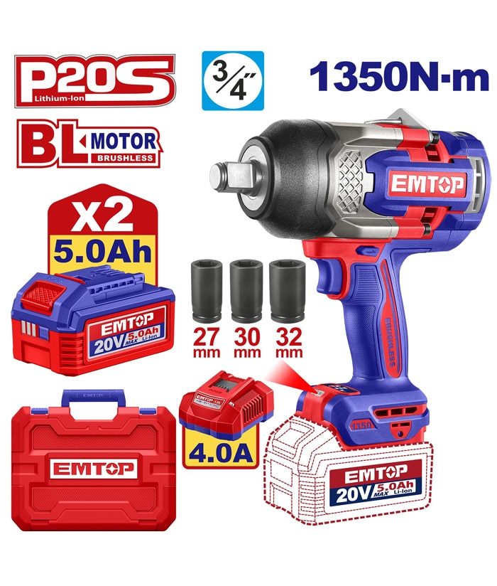 Llave Pistola de Impacto a Batería Inalámbrica 3/4″ 1350Nm Motor Brushless + 2 Baterías 5.0Ah Amper + Cargador 4A Amper + Maletín Plástico Emtop Rojo/Azul ECIWL20135-4 NOVEDAD!